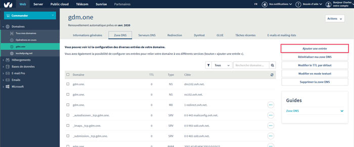 On ajoute une entrée dans la zone DNS