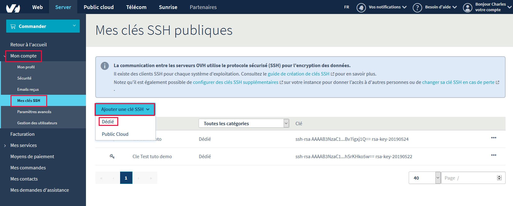 Ajouter une clé SSH sur son compte OVH